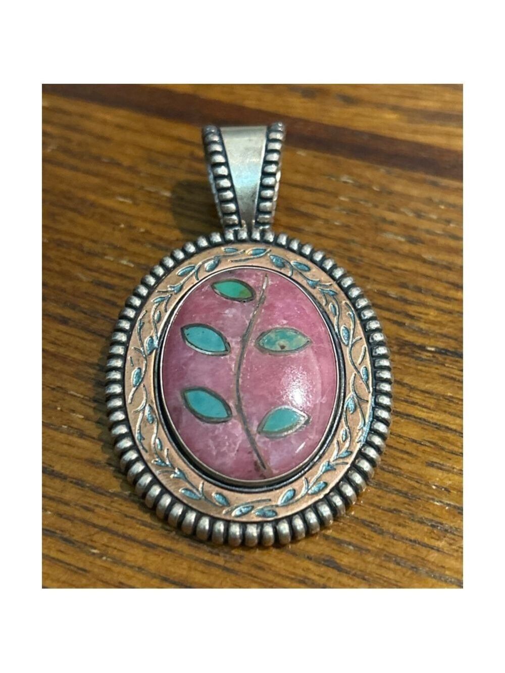 Carolyn Pollack rhodonite turquoise inlay copper sterling silver pendant brooch